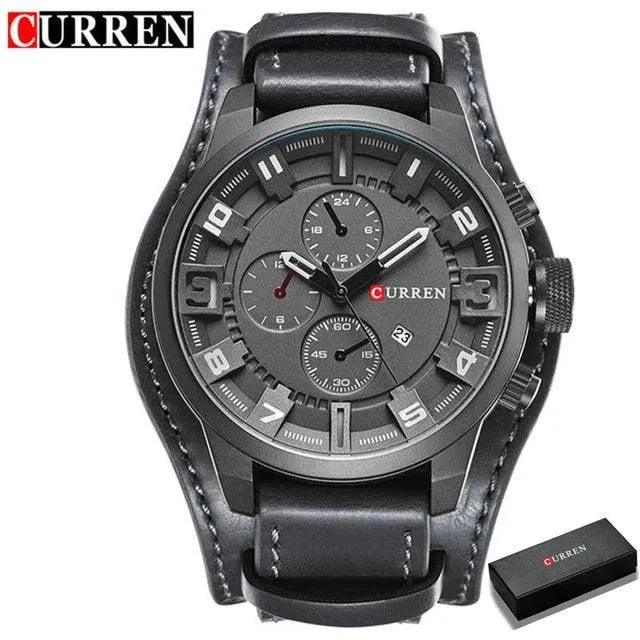 Luxury Men's Quartz Watch - Sport Military Style, Leather Strap, Date Display, Water Resistant Model 8225 - Q-Happiness LTD
