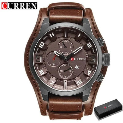 Luxury Men's Quartz Watch - Sport Military Style, Leather Strap, Date Display, Water Resistant Model 8225 - Q-Happiness LTD