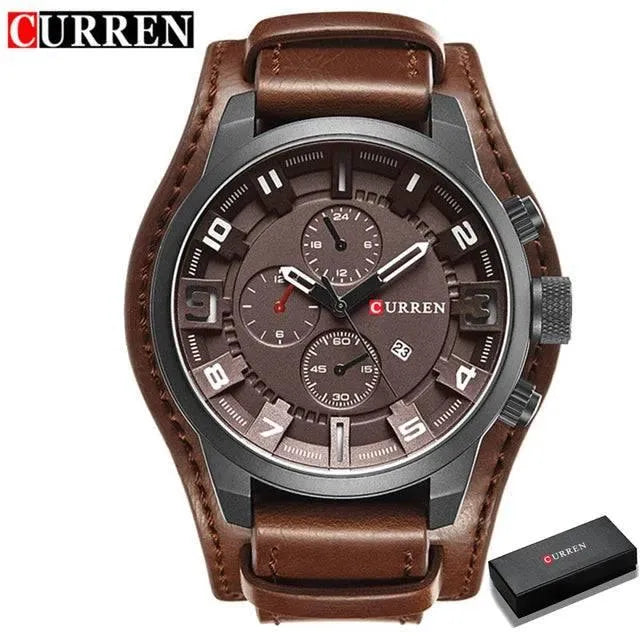 Luxury Men's Quartz Watch - Sport Military Style, Leather Strap, Date Display, Water Resistant Model 8225 - Q-Happiness LTD