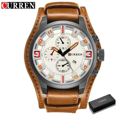 Luxury Men's Quartz Watch - Sport Military Style, Leather Strap, Date Display, Water Resistant Model 8225 - Q-Happiness LTD