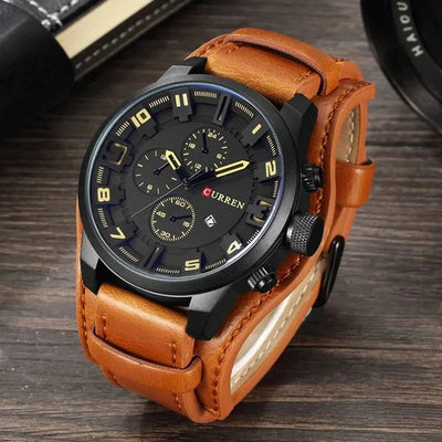 Luxury Men's Quartz Watch - Sport Military Style, Leather Strap, Date Display, Water Resistant Model 8225 - Q-Happiness LTD