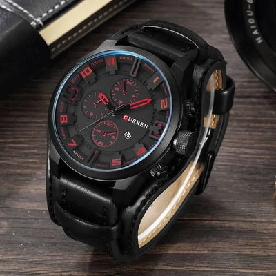 Luxury Men's Quartz Watch - Sport Military Style, Leather Strap, Date Display, Water Resistant Model 8225 - Q-Happiness LTD