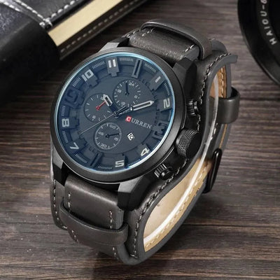 Luxury Men's Quartz Watch - Sport Military Style, Leather Strap, Date Display, Water Resistant Model 8225 - Q-Happiness LTD