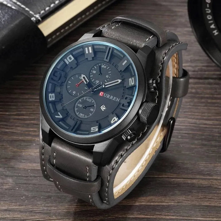 Luxury Men's Quartz Watch - Sport Military Style, Leather Strap, Date Display, Water Resistant Model 8225 - Q-Happiness LTD