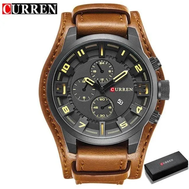 Luxury Men's Quartz Watch - Sport Military Style, Leather Strap, Date Display, Water Resistant Model 8225 - Q-Happiness LTD
