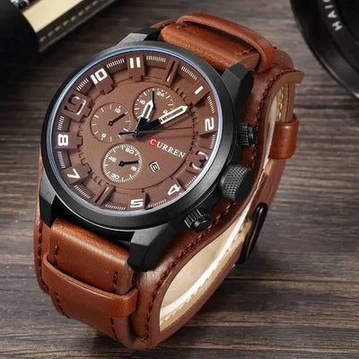 Luxury Men's Quartz Watch - Sport Military Style, Leather Strap, Date Display, Water Resistant Model 8225 - Q-Happiness LTD