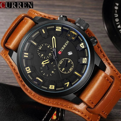 Luxury Men's Quartz Watch - Sport Military Style, Leather Strap, Date Display, Water Resistant Model 8225 - Q-Happiness LTD