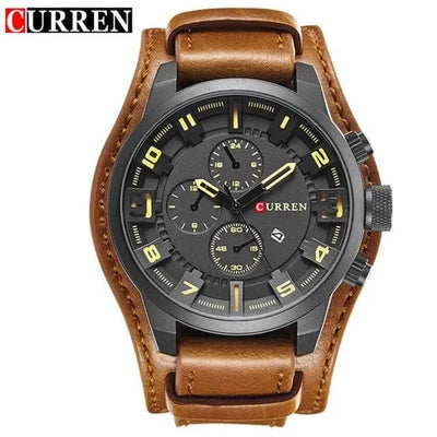 Luxury Men's Quartz Watch - Sport Military Style, Leather Strap, Date Display, Water Resistant Model 8225 - Q-Happiness LTD