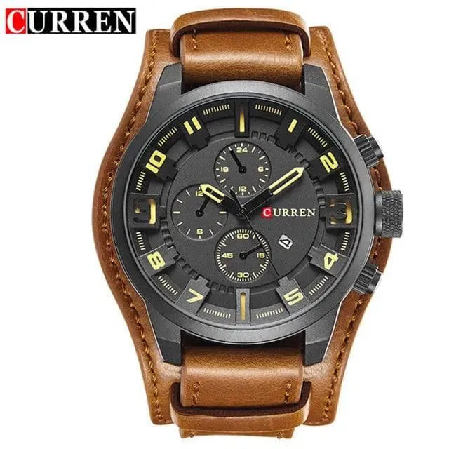 Luxury Men's Quartz Watch - Sport Military Style, Leather Strap, Date Display, Water Resistant Model 8225 - Q-Happiness LTD