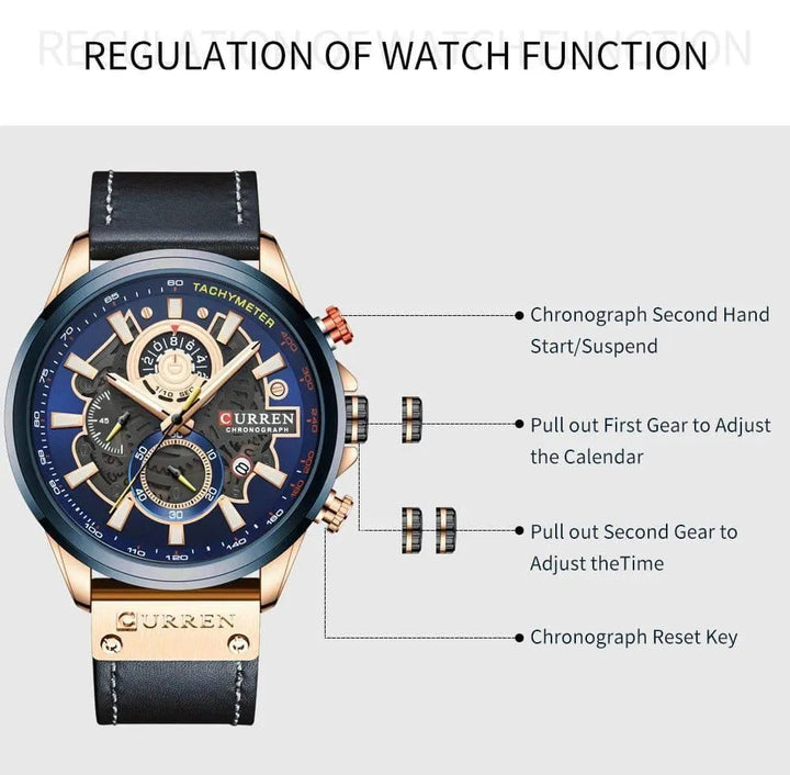 Luxury Brand Chronograph Military Genuine Leather Waterproof Men's Watch, Model 8380 - Q-Happiness LTD