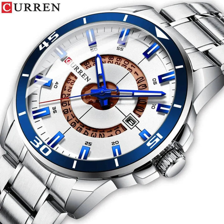 Fashion Business Men's Watch with Stainless Steel Strap - Waterproof Quartz Watch with Auto Date, Model 8359 - Q-Happiness LTD