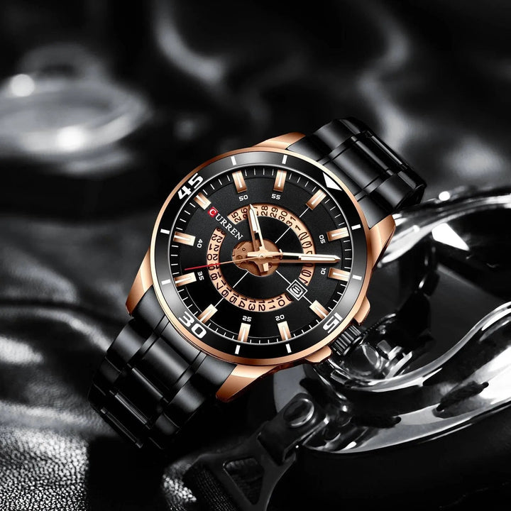 Fashion Business Men's Watch with Stainless Steel Strap - Waterproof Quartz Watch with Auto Date, Model 8359 - Q-Happiness LTD