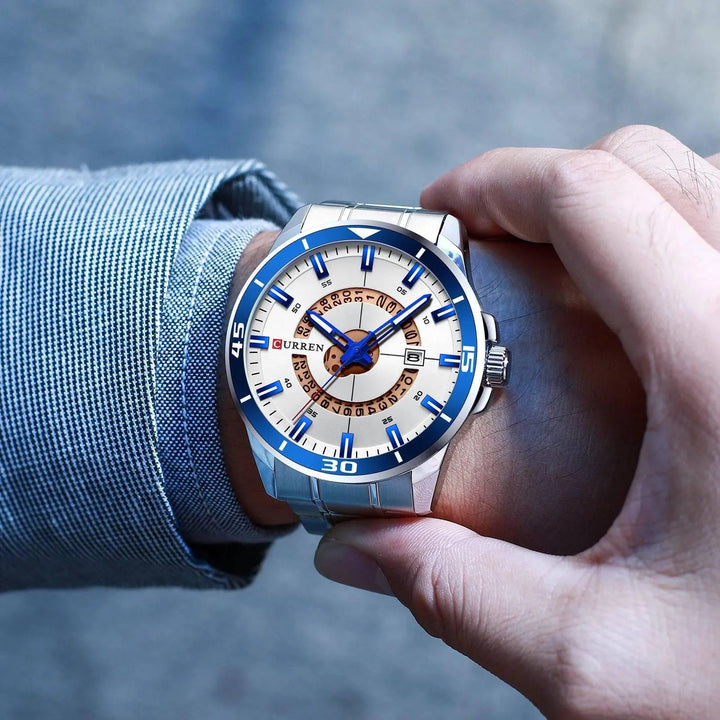 Fashion Business Men's Watch with Stainless Steel Strap - Waterproof Quartz Watch with Auto Date, Model 8359 - Q-Happiness LTD
