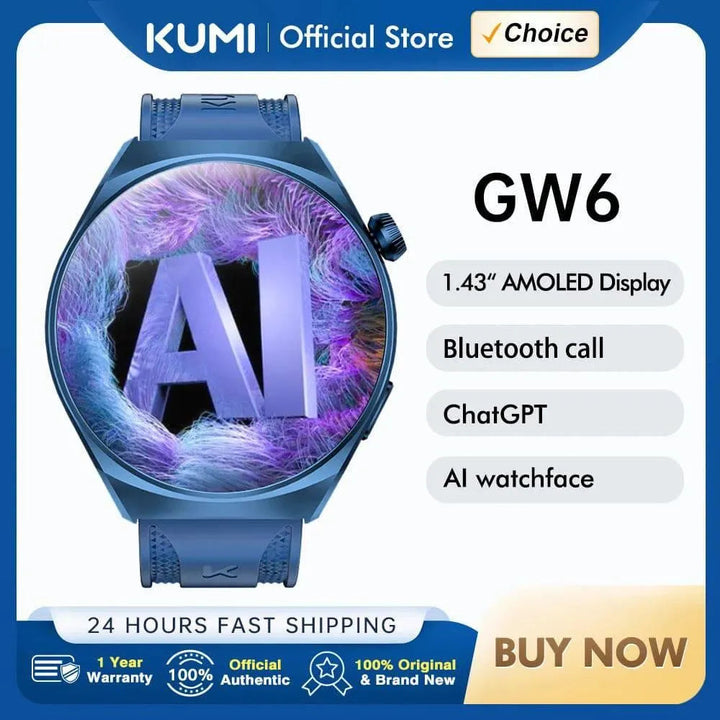 KUMI GW6 Smart Watch – 1.43" AMOLED Display, Health Monitoring, Bluetooth Calls, IP68 Waterproof - Q-Happiness LTD